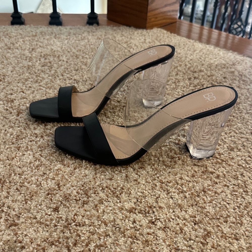 BP Women's Black and Clear Heeled Mules